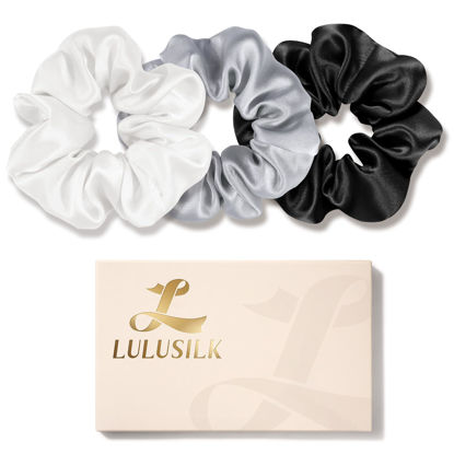 Picture of LULUSILK Silk Scrunchies for Hair Sleep, 100% Real Mulberry Silk, No Damage Silk Hair Ties for Women and Girls, Black White and Silvergrey, Pack of 3