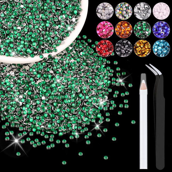 Picture of 5000PCS 3mm Resin Rhinestones in Bulk (Dark Green), Bedazzling Flatback Crystals for Crafts DIY Nail Decoration, Gems Charms for Tumbler Shoes Clothing Fabric with Pickup Pen and Tweezers