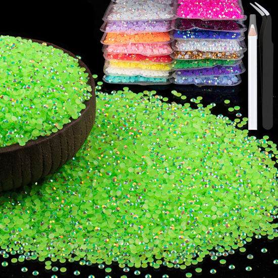 Picture of 8000pcs 3mm Resin Rhinestones Bulk, Fluorescent Green AB Flatback Round Jelly Rhinestones Non Hotfix Crystal Gems Large Quantity Wholesale for DIY Crafts Clothes Face Makeup Manicure