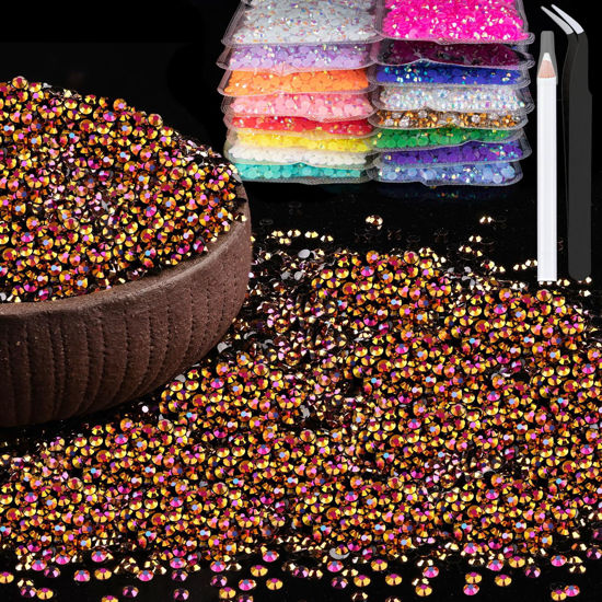 Picture of 8000pcs 3mm Resin Rhinestones Bulk, Gold Rose AB Flatback Round Jelly Rhinestones Non Hotfix Crystal Gems Large Quantity Wholesale for DIY Crafts Clothes Bottles Face Makeup Manicure