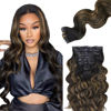 Picture of Lashey Seamless Clip in Hair Extensions Human Hair 130g 9pcs 18 Inch Body Wave Natural Black Mixed Chestnut Brown Clip in Hair Extensions for Women