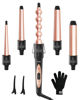 Picture of 5 in 1 Curling Wand Set: Ohuhu Curling Iron Wand 5Pcs 0.35 to 1.25 Inch Interchangeable Ceramic Barrel Heat Protective Glove 2 Clips Dual Voltage Hair Curler for Girl Women Mother Gift Rose Gold