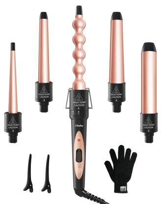 Picture of 5 in 1 Curling Wand Set: Ohuhu Curling Iron Wand 5Pcs 0.35 to 1.25 Inch Interchangeable Ceramic Barrel Heat Protective Glove 2 Clips Dual Voltage Hair Curler for Girl Women Mother Gift Rose Gold