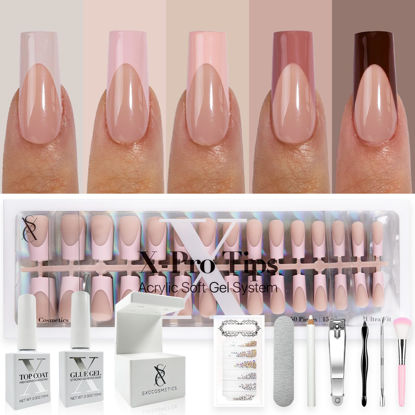Picture of SXC Cosmetics French Tip Press On Nails - Skin Tone Nude and Color Series, Medium Square X-Pro Tips Starter Kit ST117KIT