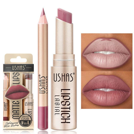 Picture of USHAS Lipstick and Lip Liner Combo Set 2 in 1 Waterproof Lipstick for Women Lip liner Set Long Lasting Lipstick, Matte Lipstick Pen with Lip Liner Set Makeup Kits (G5, Pack of 1)