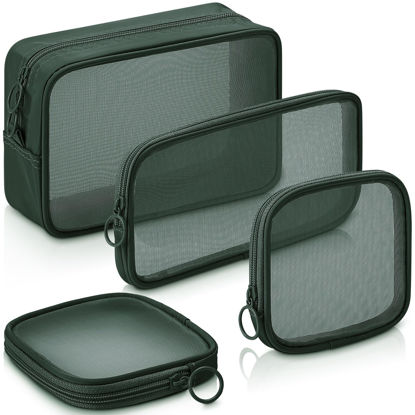 Picture of Weewooday 4 Pcs Mesh Makeup Bag Mesh Cosmetic Bag Travel Toiletry Bag Pouch with Zipper Mini Portable Makeup Cosmetic Travel Toiletry Purse Bag for Daily Accessories (Olive Green,Small, Large, Medium)