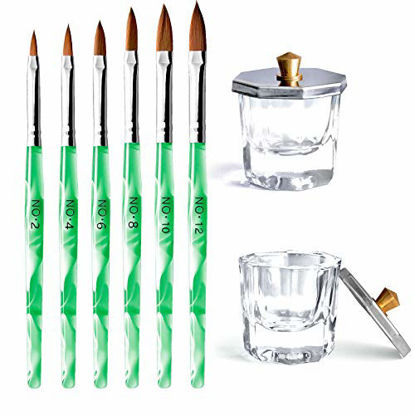 Picture of Kalolary 2Pcs Nail Art Dappen Dish with 6Pcs Acrylic Nail Brush Set, Glass nail cup with lid Acrylic UV Gel DIY Brush Nail Crystal Cup Set for Acrylic Powder Liquid Styling Tool (Green Brush)
