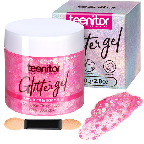 Picture of Teenitor Face Glitter, Pink Body Glitter Gel, Hair Glitter Gel, 80g/2.8oz Rave Glitter, Holographic Glitter for Face and Body