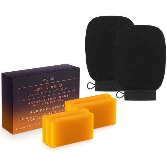 Picture of VALITIC 4 Pack Kojic Acid Vitamin C & Retinol Soap Bars for Dark Spot & A Pair of Black Exfoliating Gloves for Body Scrubs