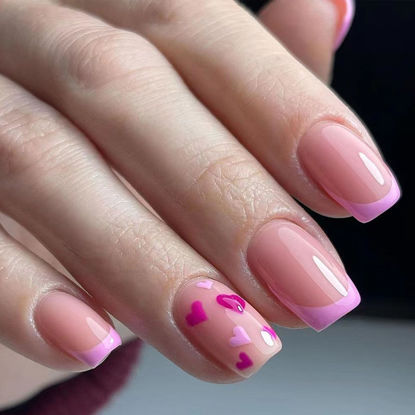 Picture of Valentines Day Press on Nails Medium Square Fake Nails with Heart Designs Glossy Glue on Nails Pink French Tip False Nails Nude Stick on Nails for Women 24Pcs