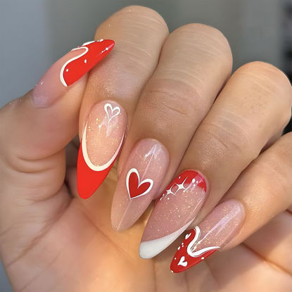 Picture of Valentines Day Press on Nails Medium Almond False Nails with Heart Designs White French Tip Nails Press ons Glossy Glue on Nails Nude Acrylic Nails Glitter Stick on Nails for Women 24Pcs