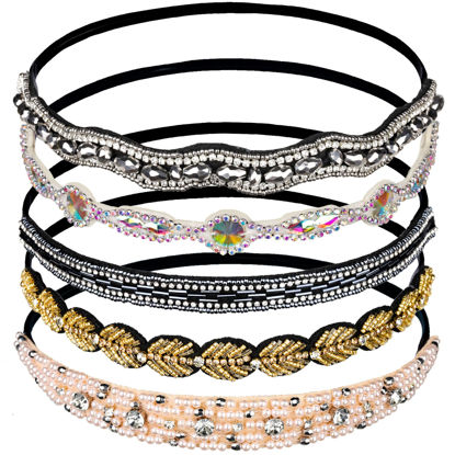 Picture of Teenitor 5pcs Rhinestone Beaded Headbands, No Slip Jeweled Head Wraps Women Girls Hair Headbands