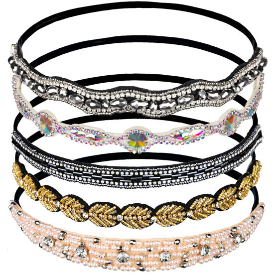 Picture of Teenitor 5pcs Rhinestone Beaded Headbands, No Slip Jeweled Head Wraps Women Girls Hair Headbands