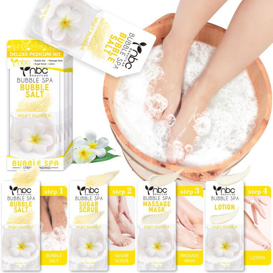Picture of nbc BeautiLab Pedicure Kit Foot Soak Set: Bubble Salt, Sugar Scrub, Massage Mask, Massage Lotion in a Box, 4 Step Foot Spa Kit for Dry Feet, Calluses and Tired Feet(1 Set Milky Flower)