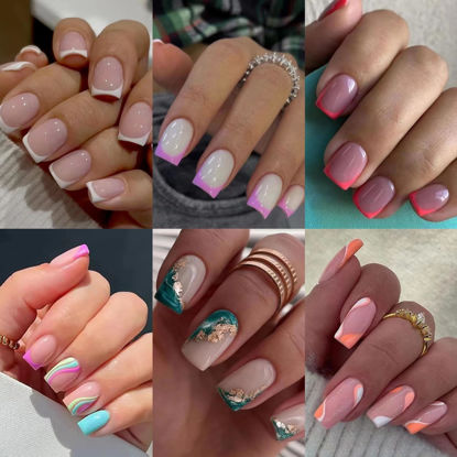 Picture of 6 Packs (144 Pcs) Press on Nails Square, French Tip Press on Nails Short, Medium Press on Nails,Swirl False Nails, Glue on Nails, Gel Fake Nails for Women, Stick on Nails 12 Sizes-6 styles