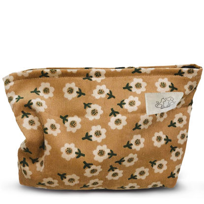 Picture of HAPPYHEIDI Women Floral Corduroy Canvas Travel Makeup Bag Cosmetic Pouch Purse Organizer, Khaki