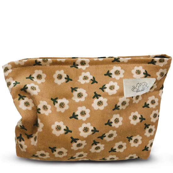 Picture of HAPPYHEIDI Women Floral Corduroy Canvas Travel Makeup Bag Cosmetic Pouch Purse Organizer, Khaki