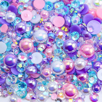 Picture of Briskbloom 60g Mix Flatback Pearls and Flatback Rhinestones for Crafts, 2mm-10mm Pearl Rhinestones for Nails Face Art Tumblers, Mix Rhinestones and Pearls, with Tweezers Wax Pen, Pink|Purple|White
