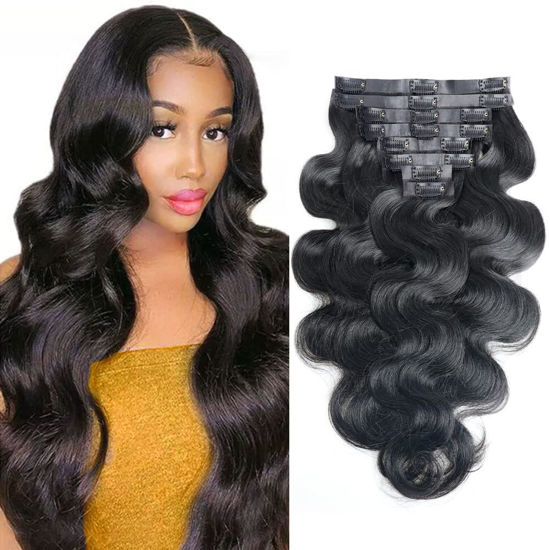 Picture of Pobokix Seamless Clip in Hair Extensions Human Hair Body Wave Human Hair Clip in Extensions 8Pcs PU Clip ins Remy Hair for Women Invisible Skin Weft 18Clips 120g 16inch Natural Black