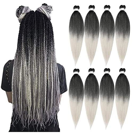 Picture of Pre-stretched Braiding Hair 20" 8 Packs Easy Braids Hot Water Setting Synthetic Fiber Crochet Braiding Hair Ombre Black to Gray (20inch,#1B/Silver)