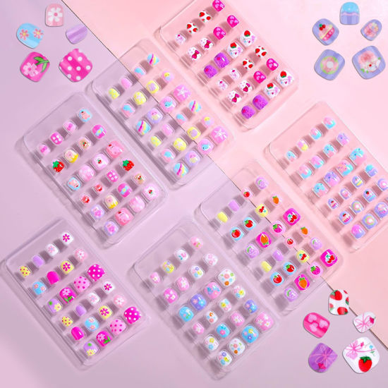 Picture of 168Pcs Kids Press on Nails for Little Girls, Shynek Children Square Fake Nails for Kids Pre Glue Stickers Nails Full Cover Short Acrylic Nails Set Gifts for Girls Nail Art Decoration