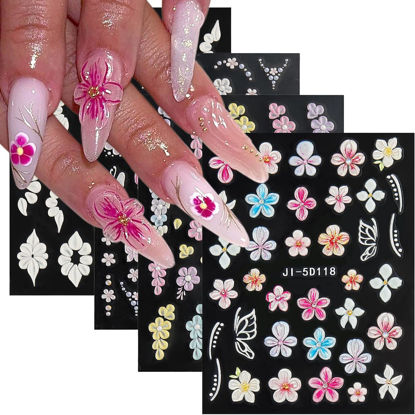 Picture of Fcozpjk Flowers Nail Stickers 4 Sheets 5D Embossed Floral Nail Decals, Summer Neon Nail Design, 3D Acrylic Engraved Hibiscus Flowers Rose Butterfly Stickers for Nail Art Pegatinas Uñas