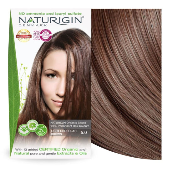 Picture of Naturigin Permanent Hair Dye, 5.0 Light Chocolate Brown, Ammonia and Paraben Free, up to 100% Gray Hair Coverage, Long Lasting, Vegan, Cruelty Free