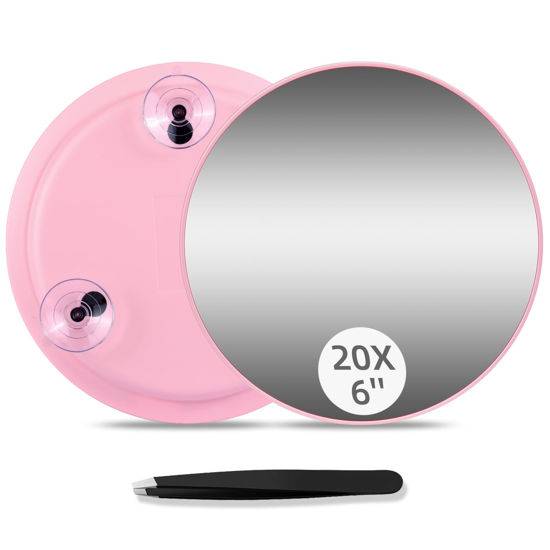 Picture of 20X Magnifying Mirror and Tweezers Kit, 6inch Round Magnifying Mirror, 20X Travel Makeup Mirror with Magnification, Travel Magnified Mirror with 3 Suction Cups Portable Magnifying Mirror for Women Men