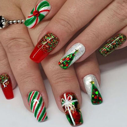 Picture of Christmas Press on Nails Medium Coffin Fake Nails with Stripe Christmas Tree Designs Glitter Press Nails ons Green Acrylic Nails Red False Nails Stick on Nails for Women 24 Pcs