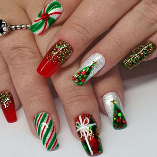 Picture of Christmas Press on Nails Medium Coffin Fake Nails with Stripe Christmas Tree Designs Glitter Press Nails ons Green Acrylic Nails Red False Nails Stick on Nails for Women 24 Pcs