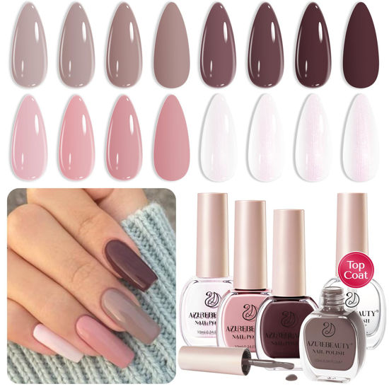Picture of AZUREBEAUTY Nail Polish Set Vegan 4 Colors Brown Pink Glitter Nail Polish Quick Dry Natural Nail Lacquer Fingernail Strengthening Treatment Kit with Top Coat DIY Salon Home