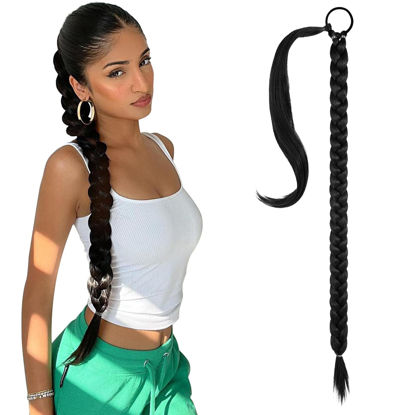 Picture of SEIKEA Long Braided Ponytail Extension with Hair Tie Straight Wrap Around Hair Extensions Ponytail Natural Soft Synthetic Hair Piece for Women Daily Wear 34 Inch 180 Gram Black