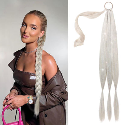 Picture of SEIKEA Braid Ponytail Extension with Glitter Hair Tinsel, 26" Long Straight DIY Braid Hair Extension with Hair Tie, Wrap Around Hair Extensions Ponytail Natural Synthetic Hairpiece Platinum Blonde