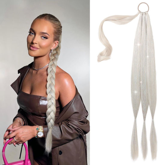 Picture of SEIKEA Braid Ponytail Extension with Glitter Hair Tinsel, 26" Long Straight DIY Braid Hair Extension with Hair Tie, Wrap Around Hair Extensions Ponytail Natural Synthetic Hairpiece Platinum Blonde