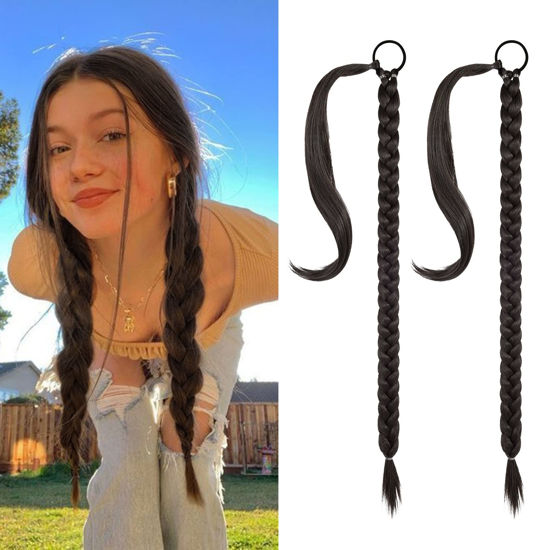 Picture of SEIKEA 2PCS Long Braid Ponytail Extension with Hair Tie Long Straight Wrap Around Hair Extensions Ponytail Natural Soft Synthetic Hair Piece Daily Wear Black Brown 20 Inch (After Braided 16 Inch)