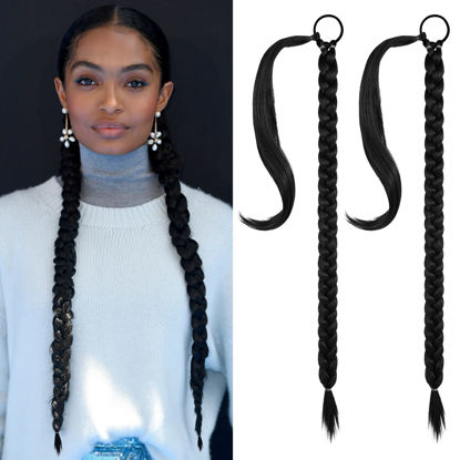 Picture of SEIKEA 2PCS Long Braid Ponytail Extension with Hair Tie Long Straight Wrap Around Hair Extensions Ponytail Soft Synthetic Hair Black 30 Inch (After Braided 27 Inch)