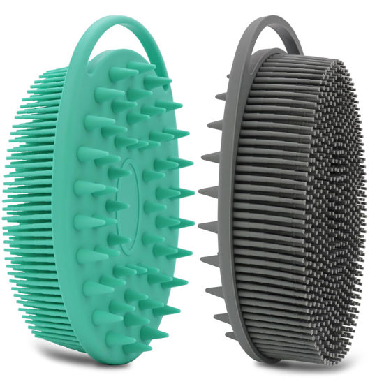 Picture of 2 Pack Silicone Body Scrubber, Silicone Loofah Double-Sided Body Brush,Silicone Shower Scrubber and Scalp Massager Shampoo Brush for Sensitive Kids Women Men All Kinds of Skin (Green & Gray)