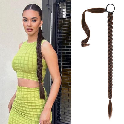 Picture of SEIKEA Upgraded Long Braid Ponytail Extension with Elastic Tie Straight Sleek Wrap Around Braid Hair Extensions Ponytail Dark Brown with Copper Highlights 34 Inch (After Braided 30 Inch)