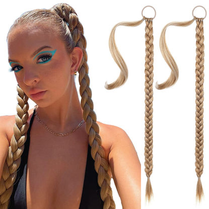 Picture of SEIKEA 2PCS Long Braid Ponytail Extension with Hair Tie Long Straight Wrap Around Hair Extensions Ponytail Natural Soft Synthetic Hair Piece Golden Blonde Highlights 26 Inch (After Braided 23 Inch)