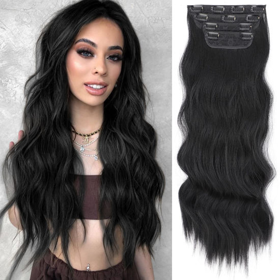 Picture of Vigorous Clip in Hair Extensions 4Pcs Black Hair Extensions Soft Synthetic Hairpieces 24 Inches Clip in Hair Extensions for Women