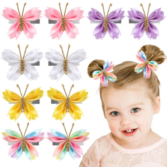 Picture of Oaoleer Butterfly Hair Clips, 10PCS Mini Satin Hair Bow Colorful Barrettes for Baby Girls Women Halloween Cosplaying Party Decor (2")