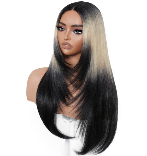 Picture of BrownBomb Ombre Blonde Black Wear and Go Glueless Wigs Pre Plucked Pre Cut for Beginners Synthetic Lace Front Wigs With Bangs Long layered Straight Dark Roots 26 Inch 3 Seconds to Wear for Beginners