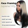 Picture of BrownBomb Ombre Blonde Black Wear and Go Glueless Wigs Pre Plucked Pre Cut for Beginners Synthetic Lace Front Wigs With Bangs Long layered Straight Dark Roots 26 Inch 3 Seconds to Wear for Beginners