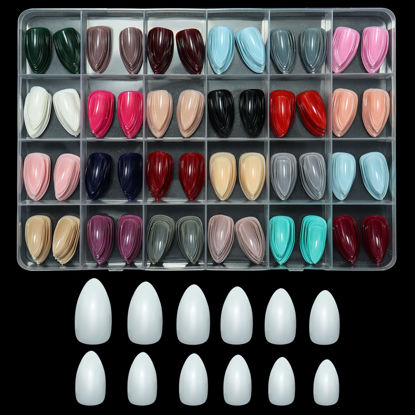 Picture of 576Pcs Medium Almond Press on Nails, Misssix Short Fake Nails Full Cover Nail Colorful Solid False Nail for Women Nail Salon Art DIY 24 Color