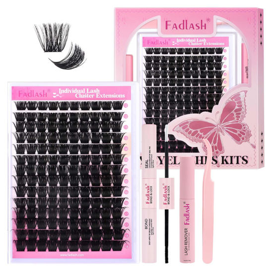 Picture of FADLASH Lash Extension DIY Kit Lash Clusters D Curl Cluster Lashes with Lash Bond and Seal Cluster Lashes Glue Remover Lash Tweezers for DIY Eyelash Extension at Home（Kit 200D-0.07D-12-18MIX）
