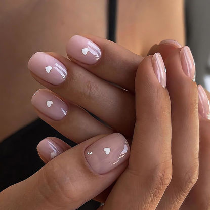 Picture of Short Square Press on Nails Glossy Nude Pink Valentine’s Day Fake Nails Small White Heart Design False Nails Full Cover Acrylic Glue on Nails Cute Stick on Nails for Women Valentines Manicure 24Pcs