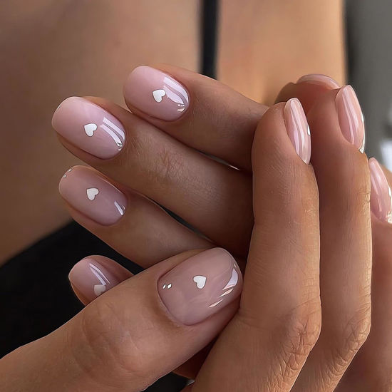 Picture of Short Square Press on Nails Glossy Nude Pink Valentine’s Day Fake Nails Small White Heart Design False Nails Full Cover Acrylic Glue on Nails Cute Stick on Nails for Women Valentines Manicure 24Pcs