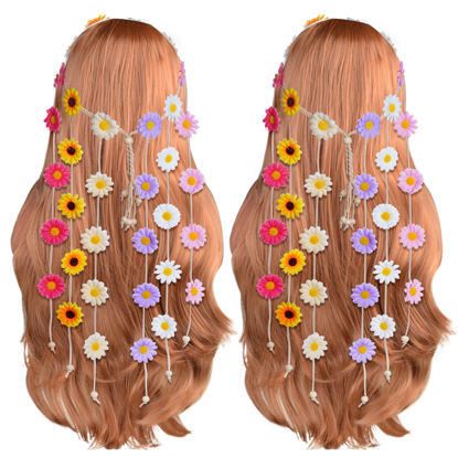 Picture of Sucrain 2pcs Flower Hippie Headband Floral Crown Summer Sunflower Hair Accessories for 70 s Bohemian Costumes Style (Colorful+Colorful)