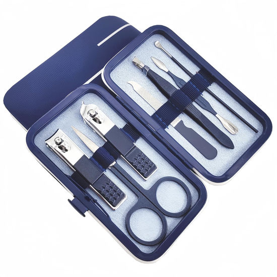 Picture of QURIPE 7pcs Manicure Set, Nail Clippers Kit, Stainless Steel Manicure Kit, Nail Clipping Tools Portable Travel Grooming Kit, The Best Gift with Luxurious Case (Blue)
