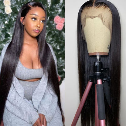 Picture of bunGiol 30 inch Lace Front Wig Straight Lace Frontal Wigs Pre Plucked with Baby Hair 180% Density 13X4 Brazilian Virgin Human Hair Wigs for Black Women Natural Black Color